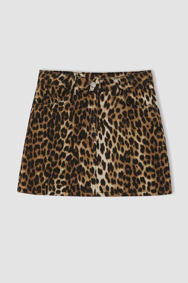 Kız Çocuk Leopar Desenli Cepli Gabardin Etek
