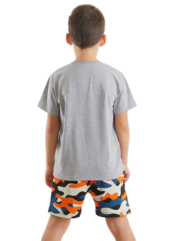 Uçak Erkek Çocuk T-shirt Kamuflaj Şort Takım 5 Y - Gri, Turuncu