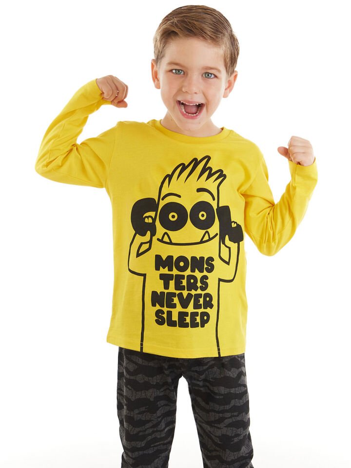 Uykusuz Erkek Çocuk T-shirt Pantolon Takım 3 Y - Siyah, Sarı