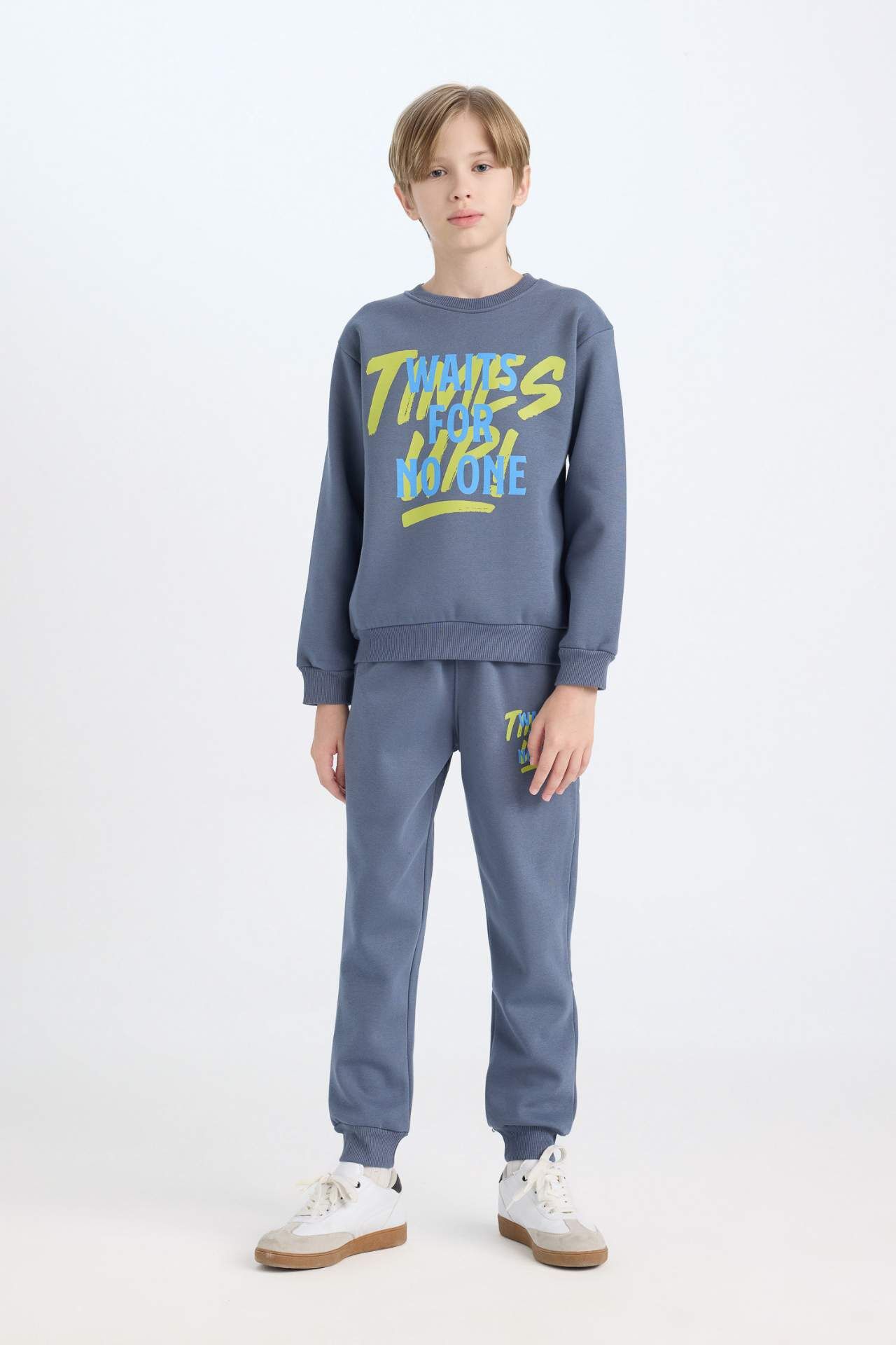 Erkek Çocuk 2'li Takım Bisiklet Yaka Baskılı Sweatshirt Beli Lastikli Jogger Eşofman Altı