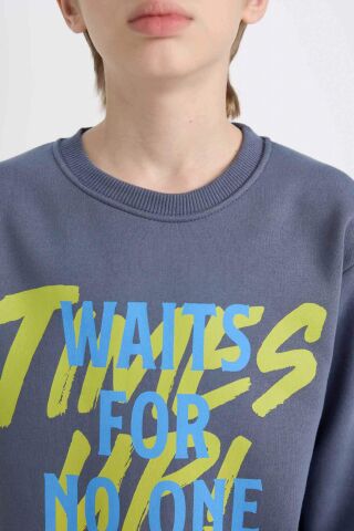Erkek Çocuk 2'li Takım Bisiklet Yaka Baskılı Sweatshirt Beli Lastikli Jogger Eşofman Altı