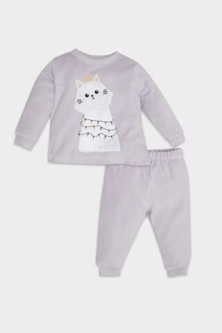 Kız Bebek Pijama Takımı Bisiklet Yaka Yılbaşı Temalı Uzun Kollu Velur Üst Beli Lastikli Uzun Alt