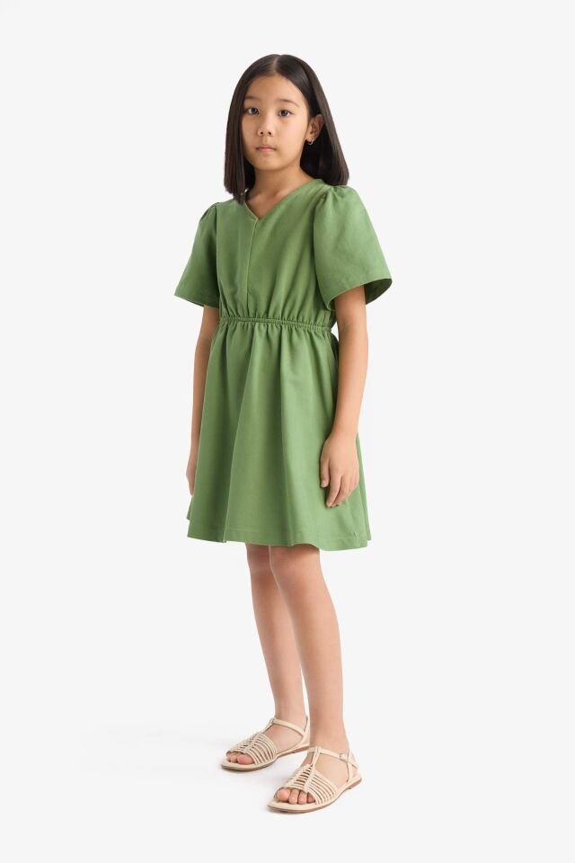 Kız Çocuk Standart Fit V Yaka Gabardin Kısa Kollu Elbise