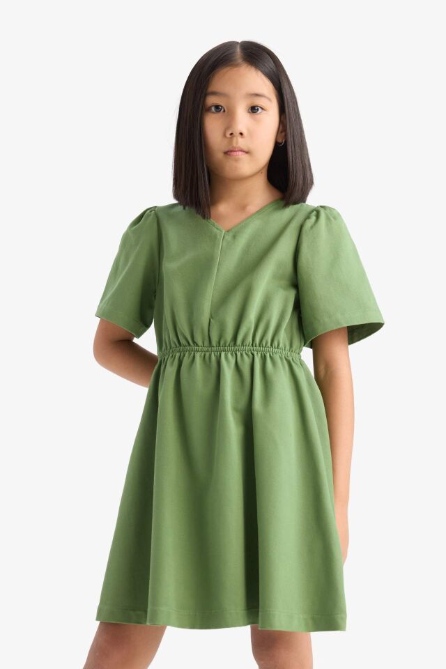 Kız Çocuk Standart Fit V Yaka Gabardin Kısa Kollu Elbise
