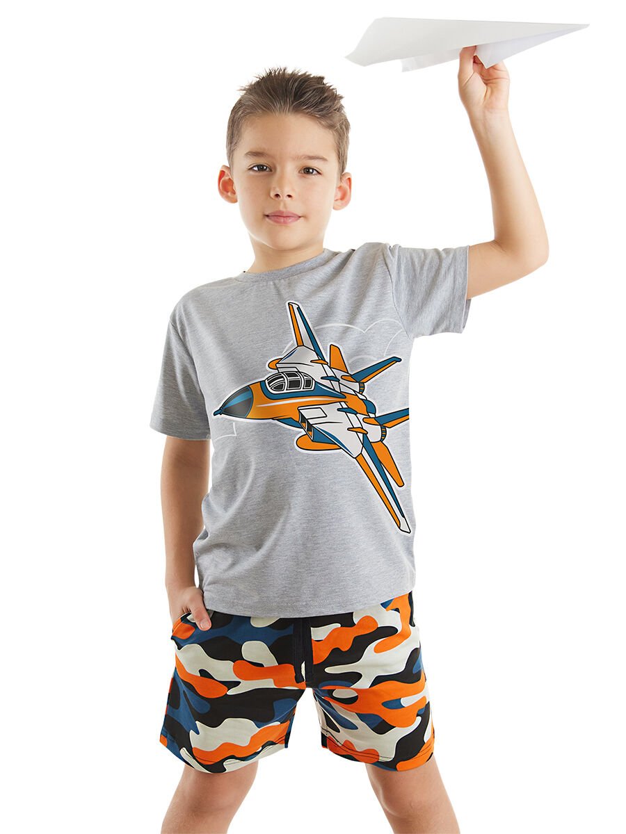 Uçak Erkek Çocuk T-shirt Kamuflaj Şort Takım 8 Y - Gri, Turuncu
