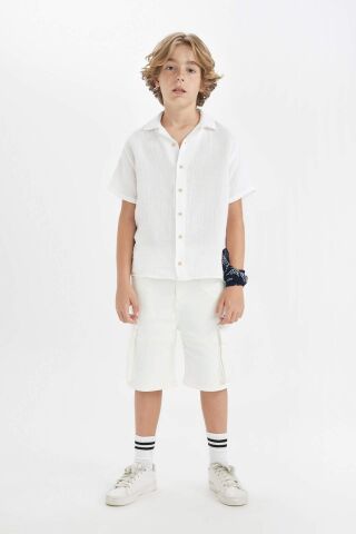 Erkek Çocuk Oversize Geniş Kalıp Polo Yaka Müslin Kısa Kollu Gömlek