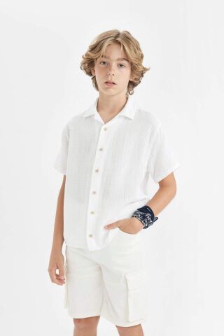 Erkek Çocuk Oversize Geniş Kalıp Polo Yaka Müslin Kısa Kollu Gömlek