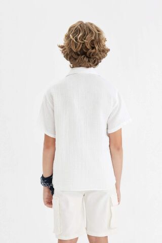 Erkek Çocuk Oversize Geniş Kalıp Polo Yaka Müslin Kısa Kollu Gömlek