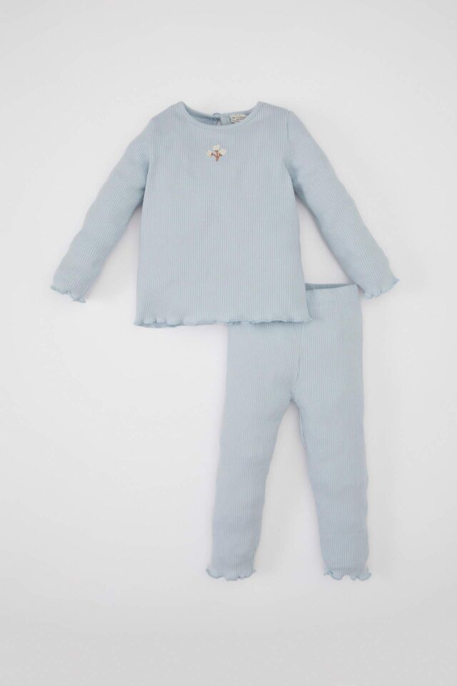 Kız Bebek 2'li Takım Çiçekli Fitilli Kaşkorse Uzun Kollu Tişört Üst Beli Lastikli Alt