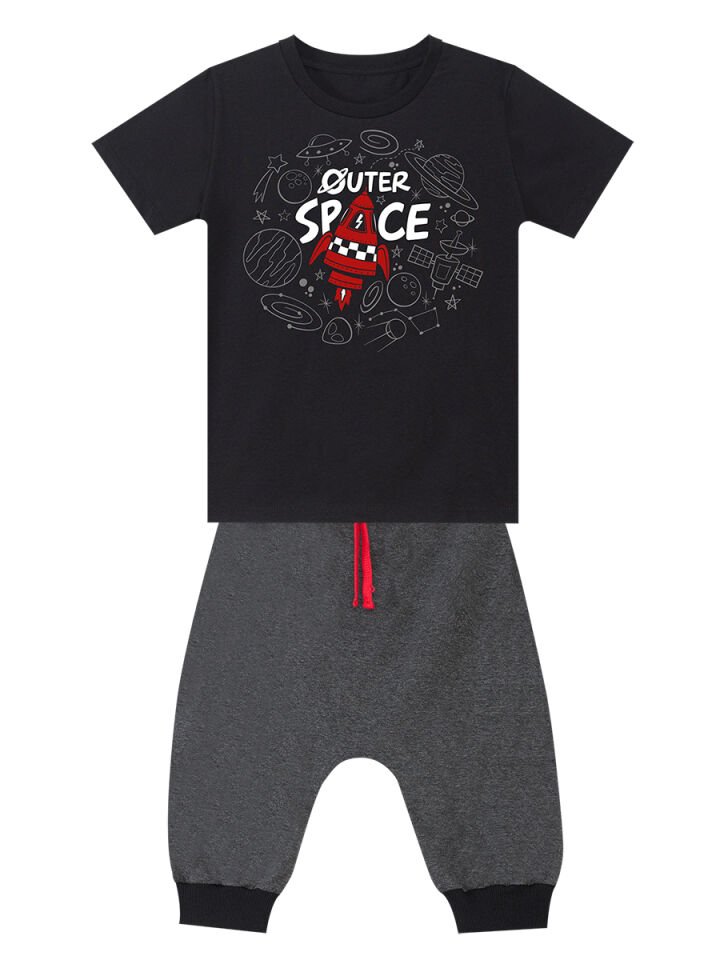 Uzay Roketi Erkek Çocuk T-shirt Kapri Şort Takım 10 Y - Siyah, Antresit