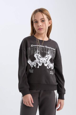 Kız Çocuk Oversize Geniş Kalıp Bisiklet Yaka Baskılı Sweatshirt