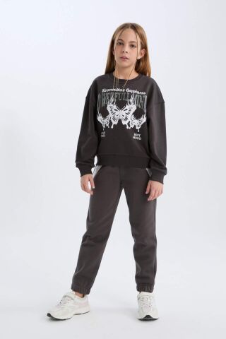 Kız Çocuk Oversize Geniş Kalıp Bisiklet Yaka Baskılı Sweatshirt