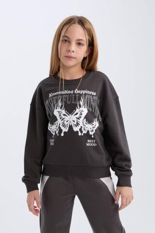 Kız Çocuk Oversize Geniş Kalıp Bisiklet Yaka Baskılı Sweatshirt