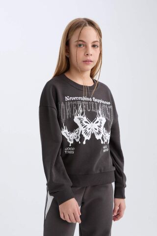 Kız Çocuk Oversize Geniş Kalıp Bisiklet Yaka Baskılı Sweatshirt