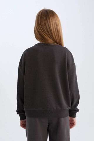 Kız Çocuk Oversize Geniş Kalıp Bisiklet Yaka Baskılı Sweatshirt