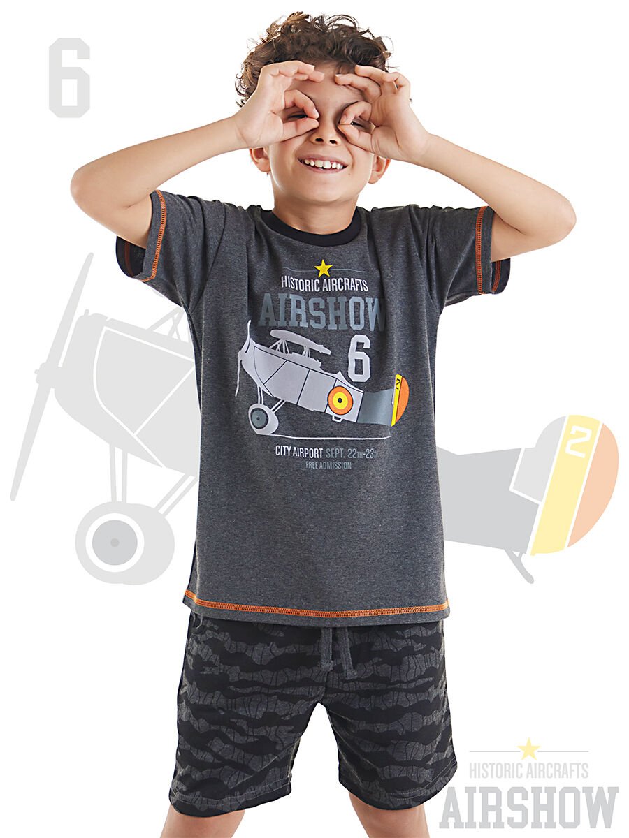 Uçak Erkek Çocuk T-shirt Şort Takım 9 Y - Koyu Gri, Siyah
