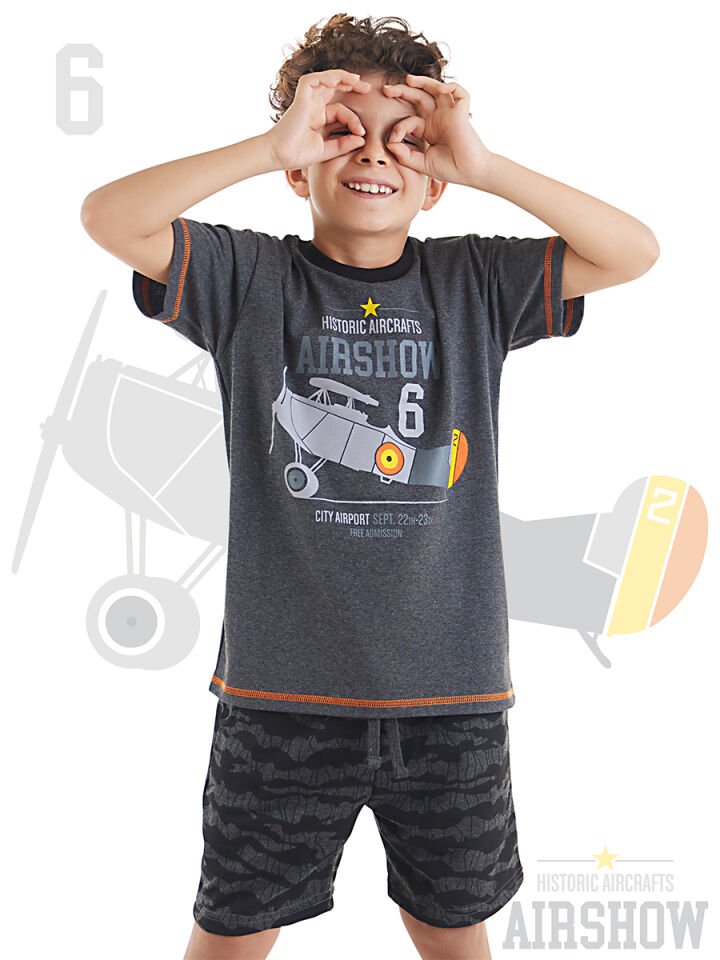 Uçak Erkek Çocuk T-shirt Şort Takım 9 Y - Koyu Gri, Siyah