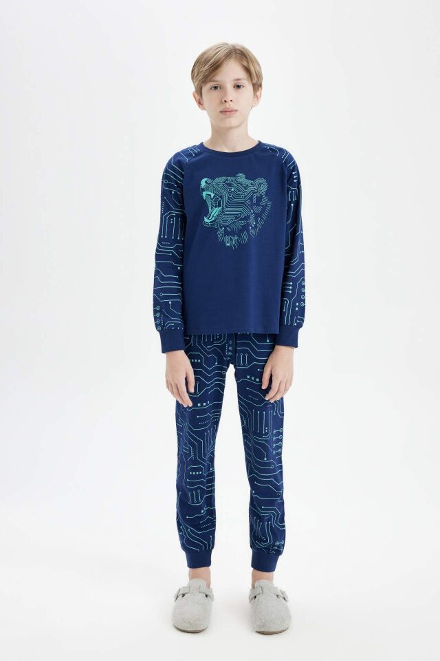 Erkek Çocuk Pijama Takımı Bisiklet Yaka Baskılı Uzun Kollu Üst Uzun Alt