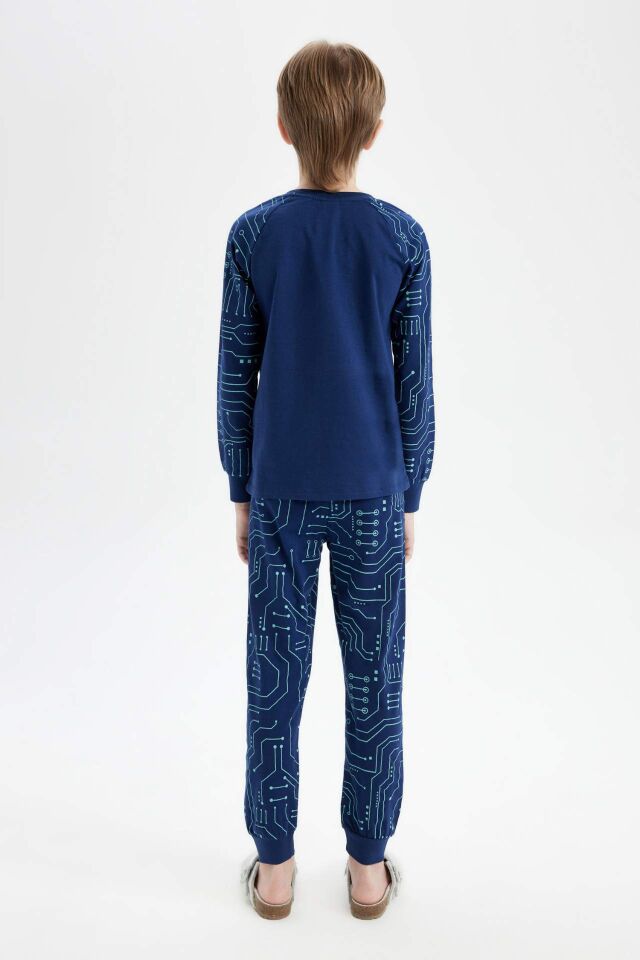 Erkek Çocuk Pijama Takımı Bisiklet Yaka Baskılı Uzun Kollu Üst Uzun Alt