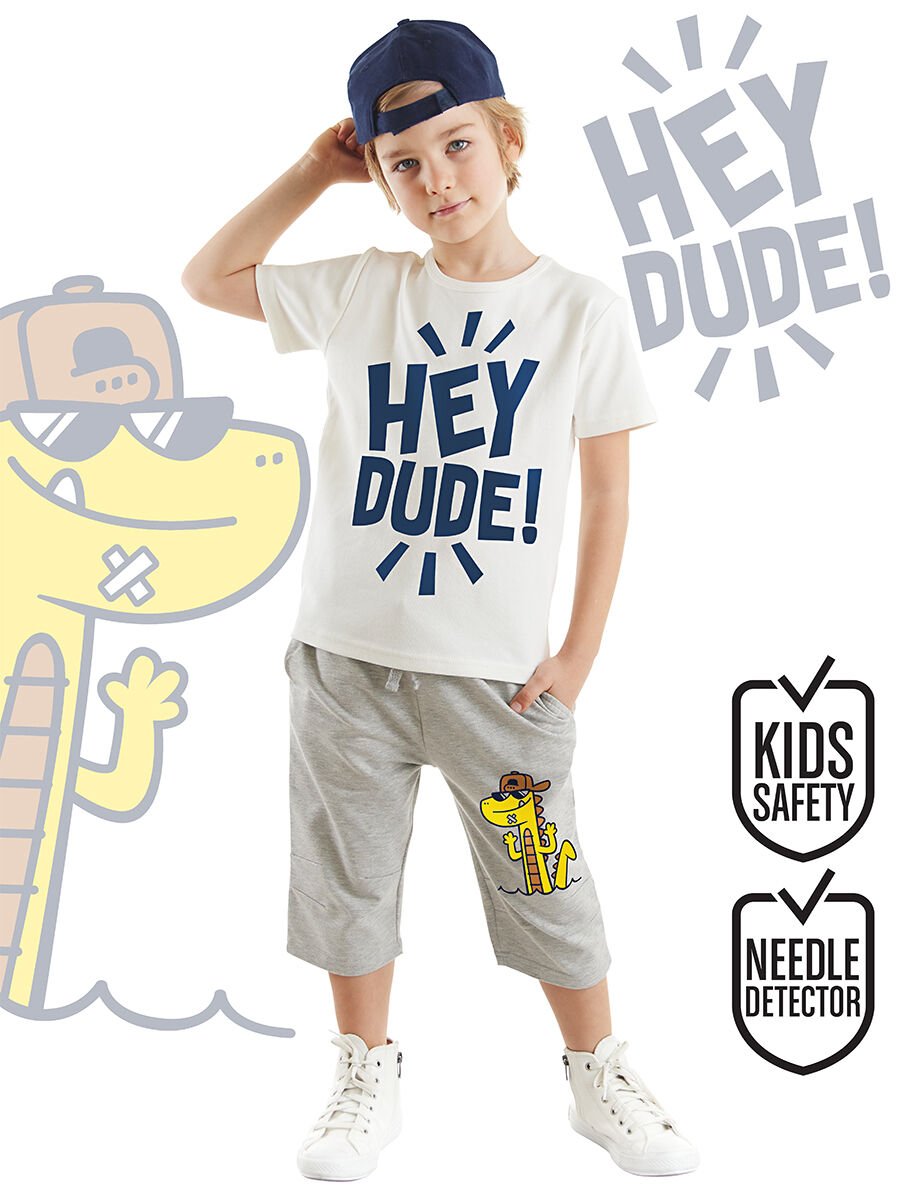 Hey Dude Erkek Çocuk T-shirt Kapri Şort Takım 4 Y - Gri, Ekru