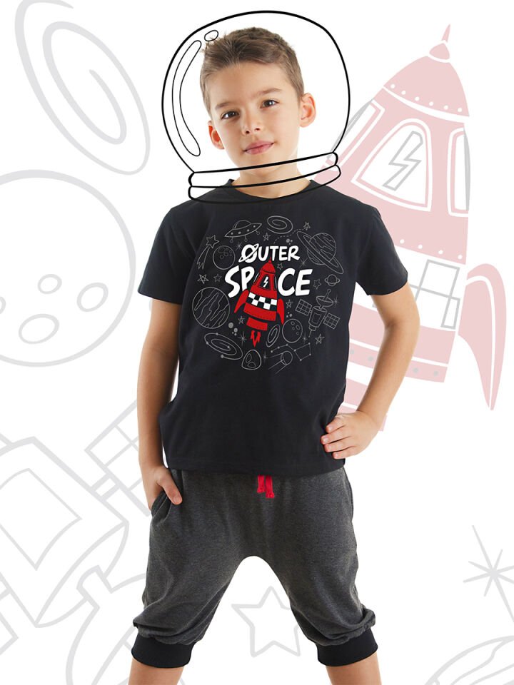 Uzay Roketi Erkek Çocuk T-shirt Kapri Şort Takım 5 Y - Siyah, Antresit