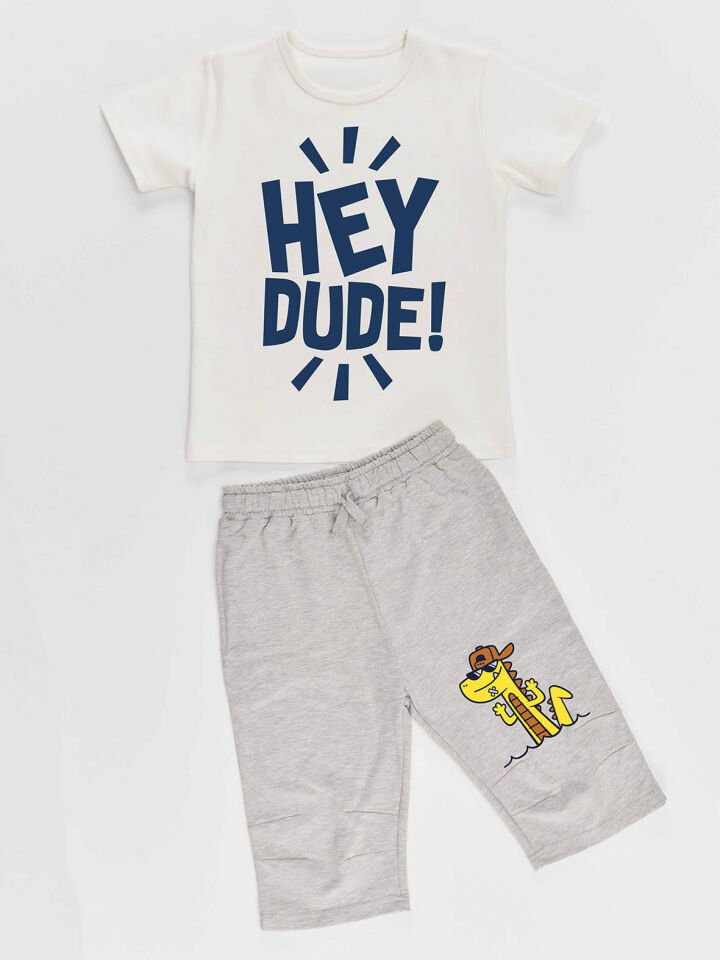 Hey Dude Erkek Çocuk T-shirt Kapri Şort Takım 5 Y - Gri, Ekru
