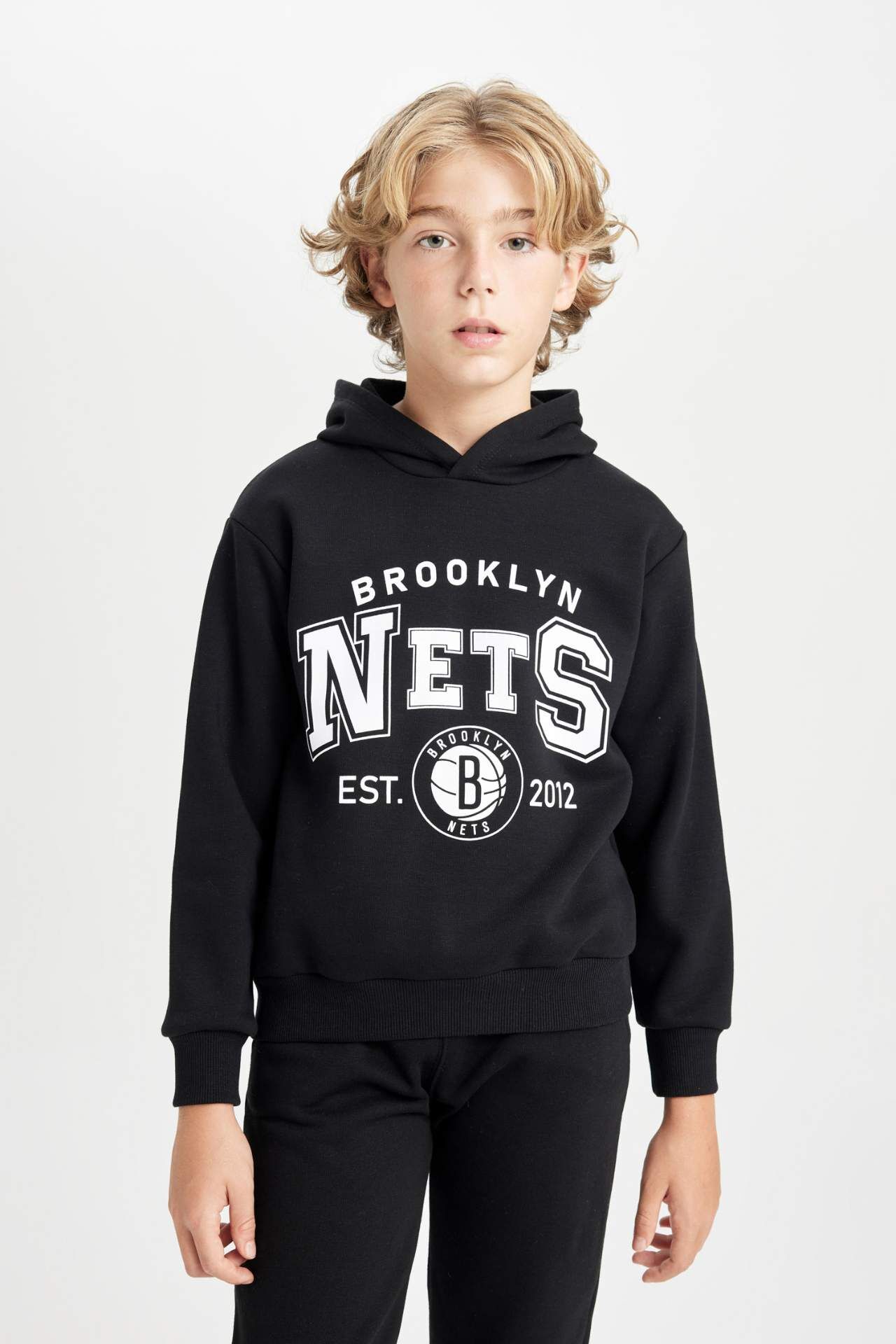 Erkek Çocuk Siyah NBA Brooklyn Nets Kapüşonlu Kalın Sweatshirt