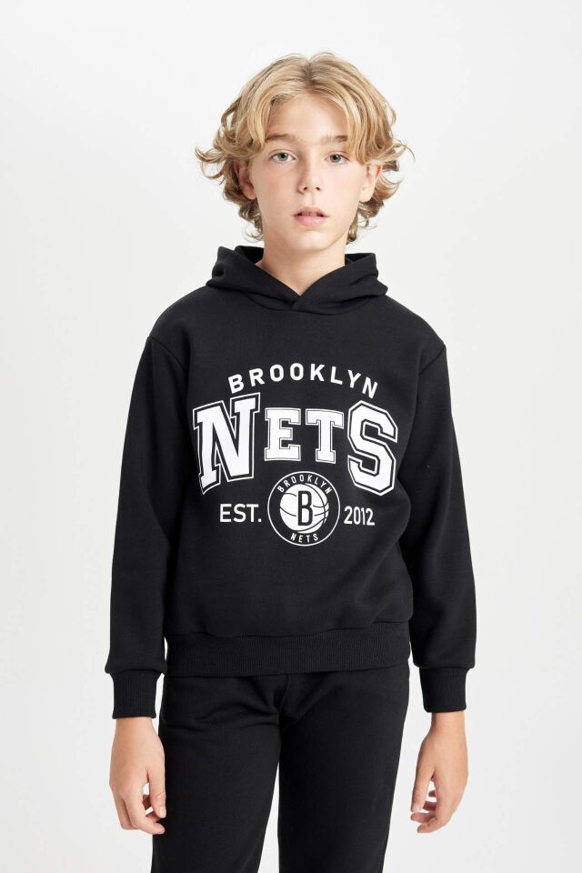 Erkek Çocuk Siyah NBA Brooklyn Nets Kapüşonlu Kalın Sweatshirt