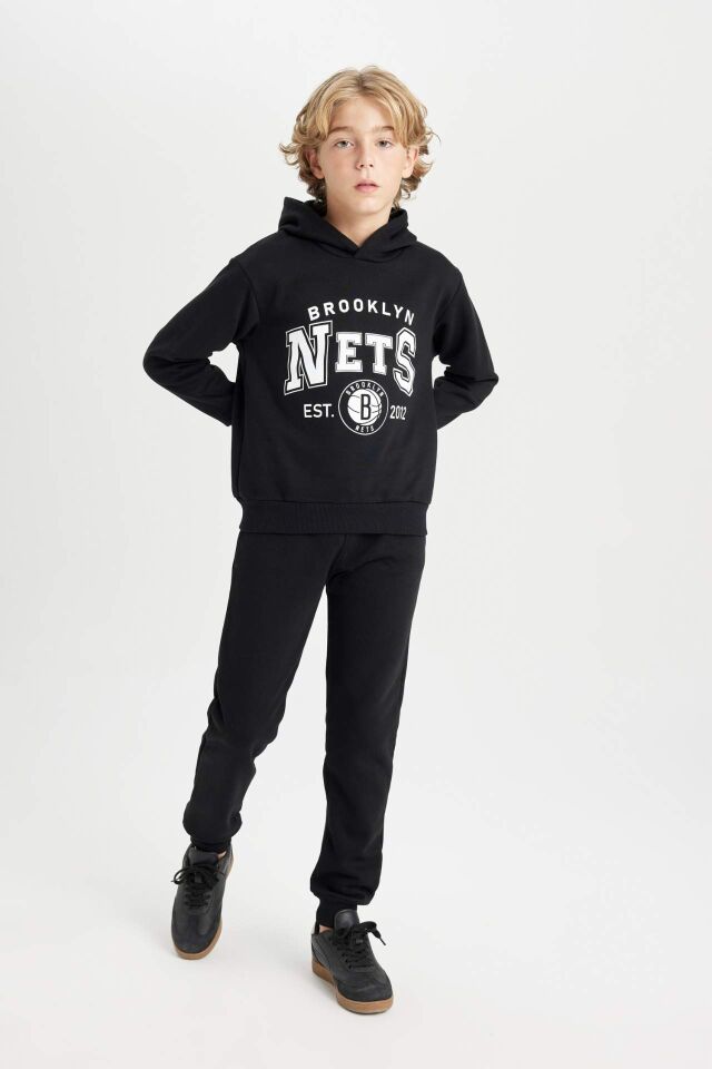 Erkek Çocuk Siyah NBA Brooklyn Nets Kapüşonlu Kalın Sweatshirt