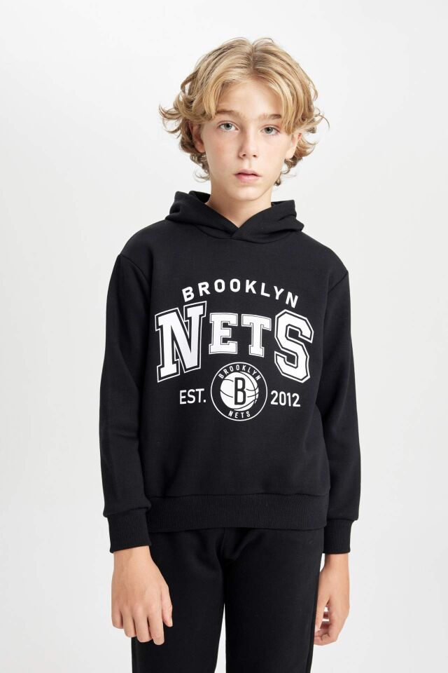 Erkek Çocuk Siyah NBA Brooklyn Nets Kapüşonlu Kalın Sweatshirt