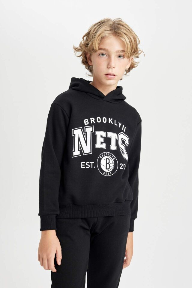 Erkek Çocuk Siyah NBA Brooklyn Nets Kapüşonlu Kalın Sweatshirt