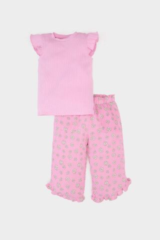 Kız Bebek Krinkıl Viskon 2'li Takım Kısa Kollu Tişört Beli Lastikli Çiçekli Pantolon