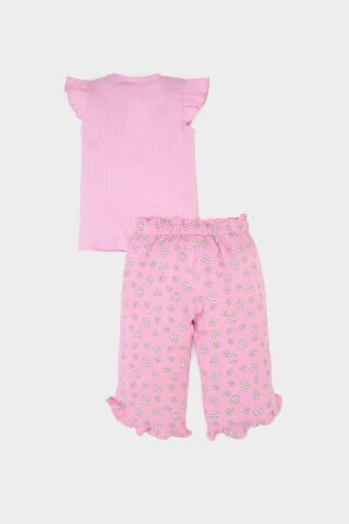 Kız Bebek Krinkıl Viskon 2'li Takım Kısa Kollu Tişört Beli Lastikli Çiçekli Pantolon