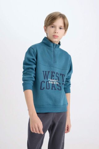 Erkek Çocuk Yarım Fermuarlı Dik Yaka Baskılı Kalın Sweatshirt