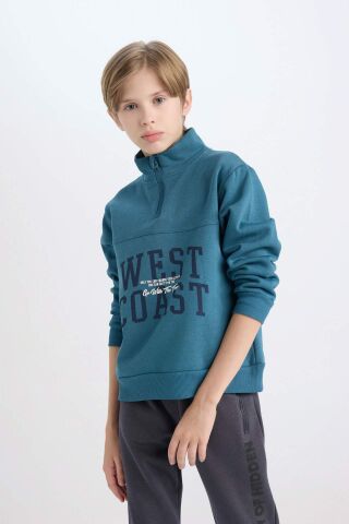 Erkek Çocuk Yarım Fermuarlı Dik Yaka Baskılı Kalın Sweatshirt