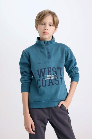 Erkek Çocuk Yarım Fermuarlı Dik Yaka Baskılı Kalın Sweatshirt