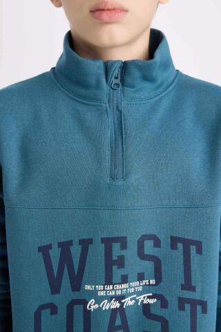 Erkek Çocuk Yarım Fermuarlı Dik Yaka Baskılı Kalın Sweatshirt