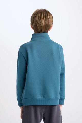 Erkek Çocuk Yarım Fermuarlı Dik Yaka Baskılı Kalın Sweatshirt