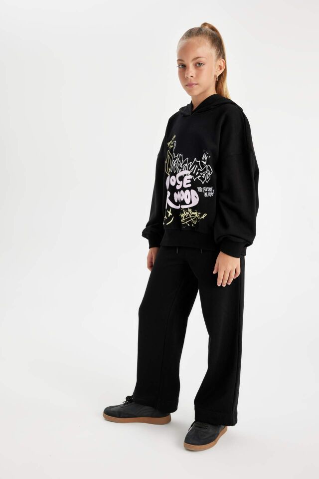Kız Çocuk Siyah Wide Leg Geniş Bol Paça Beli Lastikli Basic Düz Eşofman Altı