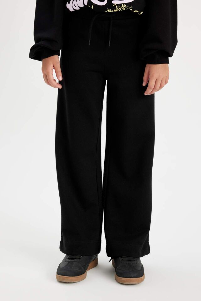 Kız Çocuk Siyah Wide Leg Geniş Bol Paça Beli Lastikli Basic Düz Eşofman Altı