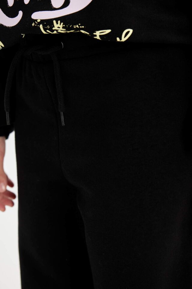Kız Çocuk Siyah Wide Leg Geniş Bol Paça Beli Lastikli Basic Düz Eşofman Altı