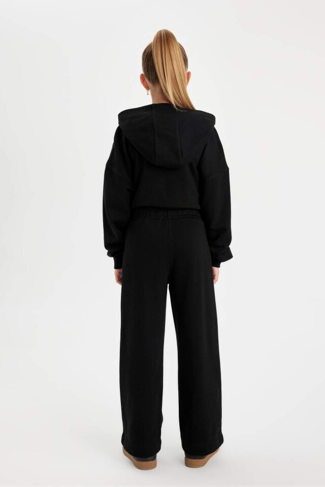 Kız Çocuk Siyah Wide Leg Geniş Bol Paça Beli Lastikli Basic Düz Eşofman Altı