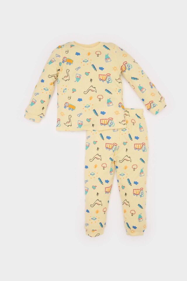 Erkek Bebek Pijama Takımı Araç Baskılı Uzun Kollu Waffle Üst Beli Lastikli Uzun Alt