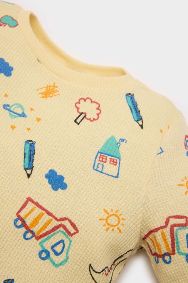 Erkek Bebek Pijama Takımı Araç Baskılı Uzun Kollu Waffle Üst Beli Lastikli Uzun Alt