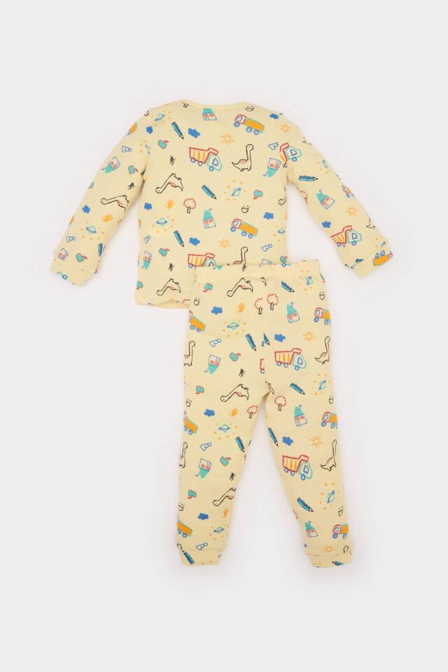 Erkek Bebek Pijama Takımı Araç Baskılı Uzun Kollu Waffle Üst Beli Lastikli Uzun Alt