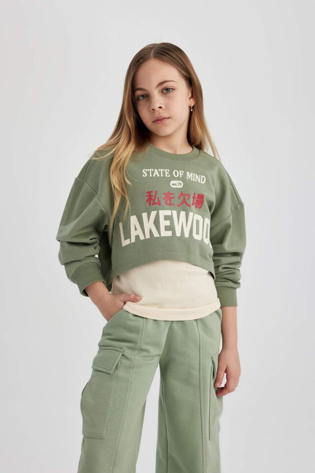 Kız Çocuk Cropped Fit Bisiklet Yaka 2'li Sweatshirt
