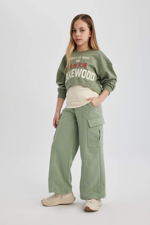 Kız Çocuk Cropped Fit Bisiklet Yaka 2'li Sweatshirt