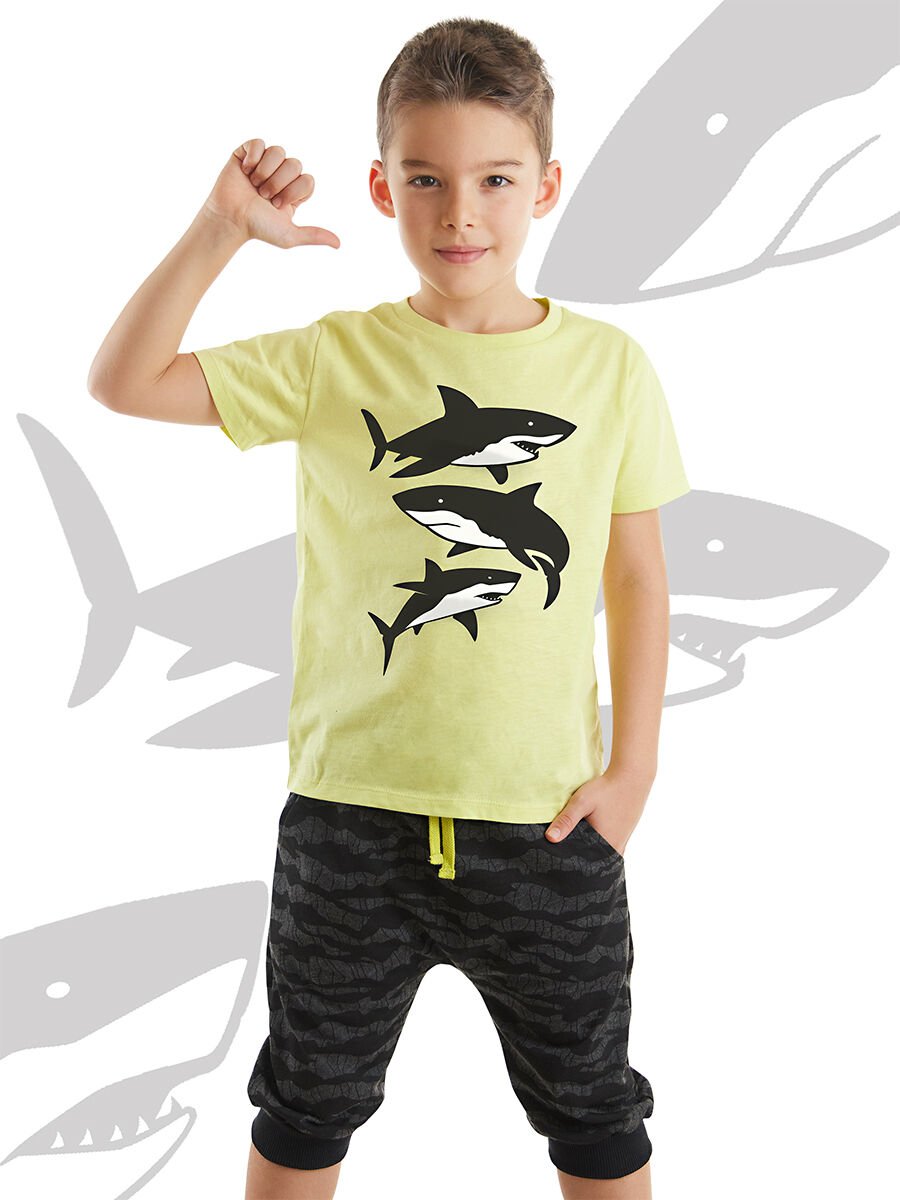 Sharks Erkek Çocuk T-shirt Kapri Şort Takım 4 Y - Sarı, Siyah