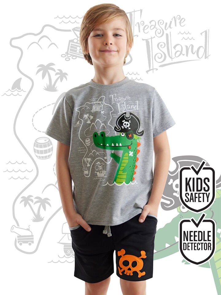 Korsan Timsah Erkek Çocuk T-shirt Şort Takım 6 Y - Gri, Siyah