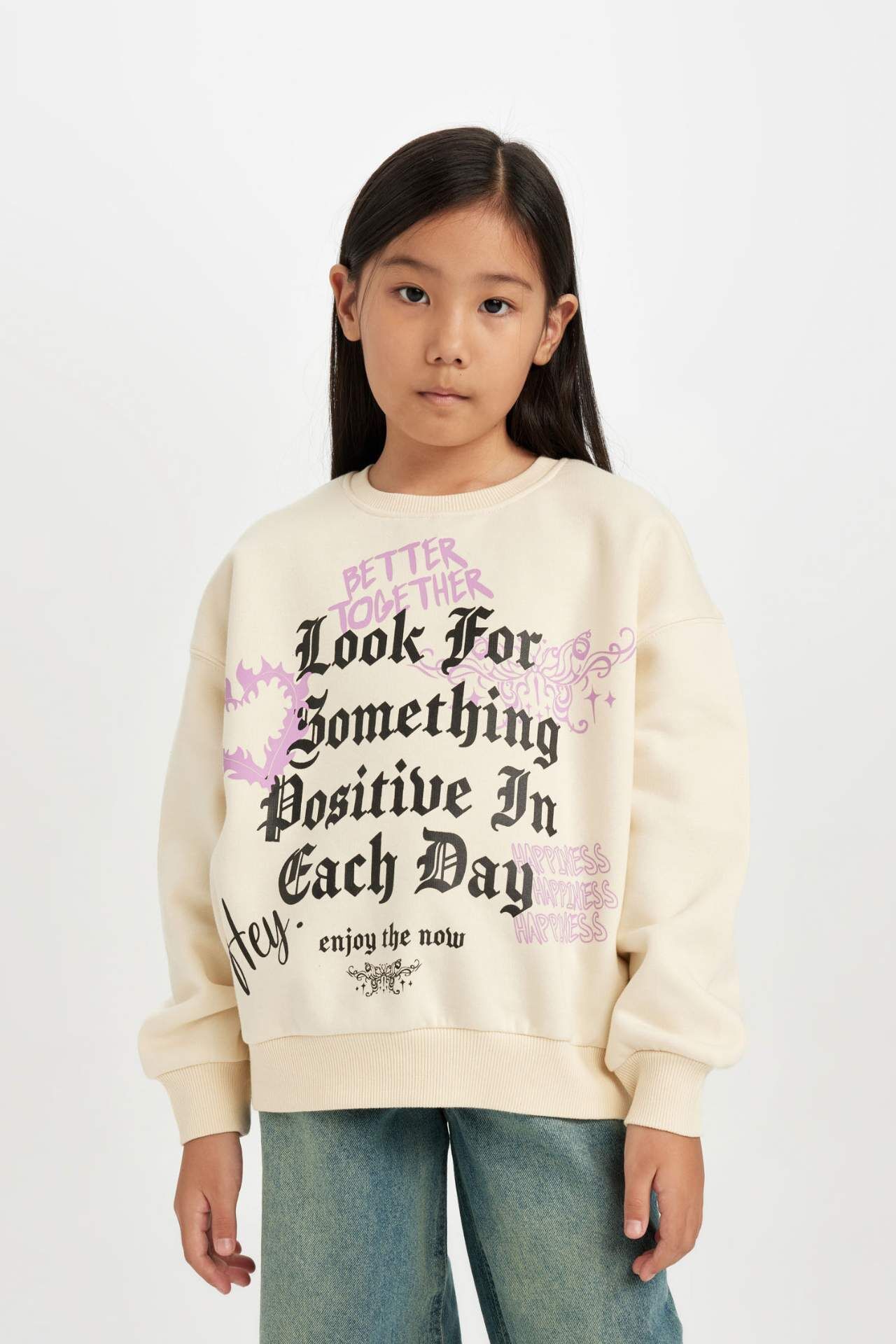 Kız Çocuk Relax Fit Bisiklet Yaka Baskılı Sweatshirt